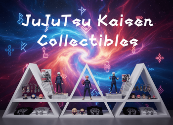 Banner με συλλεκτικά Jujutsu Kaisen (φιγούρες, μπλουζάκια, plush, manga, keychains) σε παστέλ gradient ράφι και τίτλο "Jujutsu Kaisen Collectibles" σε anime στυλ