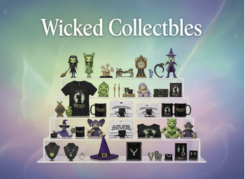 Banner με συλλεκτικά Wicked (φιγούρες, μπλουζάκια, κούπες, κοσμήματα) σε παστέλ gradient ράφι και τίτλο "Wicked Collectibles" σε θεατρικό στυλ