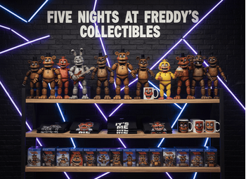 Banner με συλλεκτικά Five Nights at Freddy's (φιγούρες, λούτρινα, μπλουζάκια, παιχνίδια PS4/PS5) σε παστέλ gradient ράφι και τίτλο "Five Nights at Freddy's Collectibles" σε horror arcade στυλ
