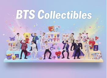 Banner με φιγούρες BTS (stylized idols), μπρελόκ, τσάντες και BT21 αντικείμενα σε παστέλ gradient ράφι και τίτλο "BTS Collectibles" σε K-pop στυλ