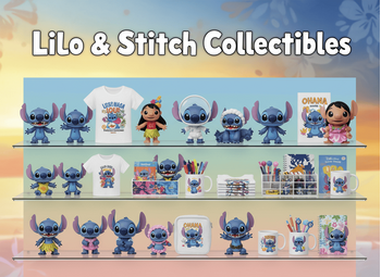 Banner με συλλεκτικά Lilo & Stitch (φιγούρες, λούτρινα, μπλουζάκια, σχολικά, δώρα) σε παστέλ gradient ράφι και τίτλο "Lilo & Stitch Collectibles" σε playful Disney στυλ