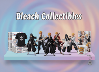 Banner με φιγούρες Ichigo, Rukia, Renji, Byakuya, Hitsugaya, manga, μπλουζάκι, κούπα, poster και μπρελόκ – όλα τακτοποιημένα σε παστέλ gradient φόντο και τίτλο "Bleach Collectibles"