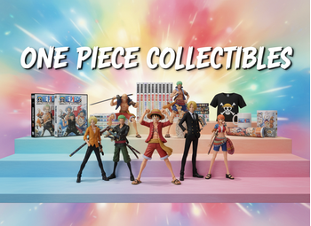 Banner με φιγούρες Luffy, Zoro, Nami, Sanji, Ace, manga, game boxes, μπλουζάκι, κούπα, poster και μπρελόκ – όλα τακτοποιημένα σε παστέλ gradient φόντο και τίτλο "One Piece Collectibles"