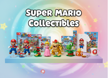 Banner με φιγούρες Mario, Luigi, Peach, Bowser, Yoshi, game boxes, LEGO Mario, μπλουζάκι, κούπα, poster και μπρελόκ – όλα τακτοποιημένα σε παστέλ gradient φόντο και τίτλο "Super Mario Collectibles"