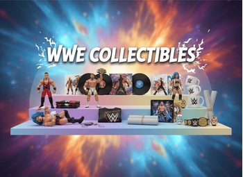 Banner με φιγούρες, μπλουζάκια, action figures, mugs και keychains WWE σε παστέλ gradient ράφι και τίτλο "WWE Collectibles" σε δυναμικό wrestling στυλ