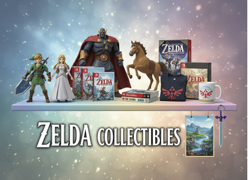 Banner με φιγούρες Link, Zelda, Ganondorf, Epona, παιχνίδια Zelda (Switch, retro), μπλουζάκι, κούπα, poster και μπρελόκ – όλα τακτοποιημένα σε παστέλ gradient φόντο και τίτλο "Zelda Collectibles"