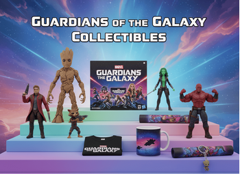 Banner με φιγούρες Star-Lord, Groot, Rocket, Gamora, Drax, game box, μπλουζάκι, κούπα, poster και μπρελόκ – όλα τακτοποιημένα σε παστέλ gradient φόντο και τίτλο "Guardians of the Galaxy Collectibles"