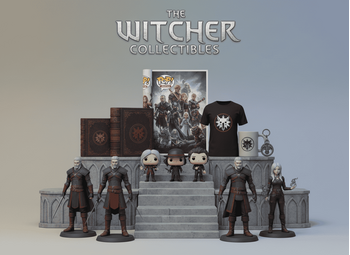Φωτορεαλιστικό banner Witcher: φιγούρες Geralt, Ciri, Yennefer, Funko POP!, συλλεκτικά βιβλία, αφίσα, t-shirt, mug, keychain – όλα τακτοποιημένα σε podium με σκαλάκια και παστέλ Witcher χρώματα, με τίτλο "The Witcher Collectibles" σε γραμματοσειρά τύπου Witcher videogame, χωρίς καμία αναφορά ή λογότυπο Techbox