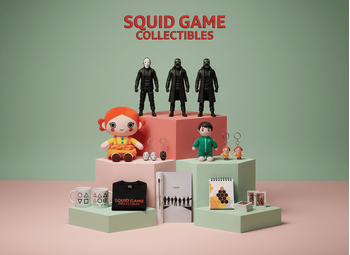 Squid Game συλλεκτικά: Funko Pop Player 456, Front Man, Guards, t-shirts, beanies, tote bags, κάλτσες, poster, μπουκάλια, premium eShop διάταξη, pastel gradient. Techbox Ελλάδα