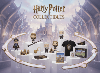 Harry Potter συλλεκτικά προϊόντα – premium eShop banner με τίτλο Harry Potter Collectibles, θεματικό υπόβαθρο Hogwarts, προϊόντα σε ράφια/βάσεις μπροστά από το κάστρο | Techbox