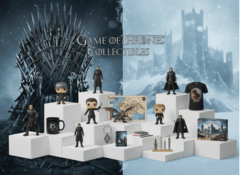 Game of Thrones συλλεκτικά προϊόντα – φιγούρες, Funko Pop, κούπα, t-shirt, αφίσα, μπρελόκ, σχολικά, επιτραπέζιο – premium eShop παρουσίαση, θεματικό φόντο Iron Throne/Winterfell, προϊόντα σε ράφια | Techbox
