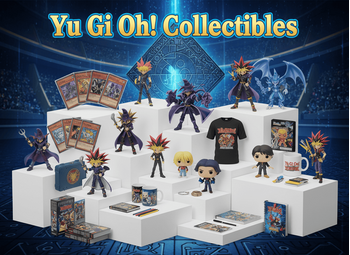 Yu Gi Oh! Collectibles – θεματικό banner με τίτλο, trading cards, φιγούρες, Funko Pop, deck box, t-shirt, κούπα, αφίσα, μπρελόκ, σχολικά, premium eShop στήσιμο, φόντο Duel Arena/Millennium Puzzle