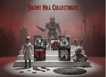 Silent Hill Collectibles – photorealistic φιγούρες Bubble Head Nurse, Pyramid Head, Robbie the Rabbit, coins, games για PS5/PS3/Xbox, peluches, σε horror podium | Techbox
