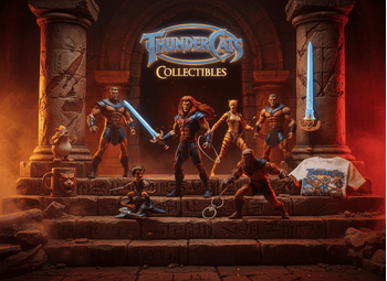 Thundercats Collectibles – φωτορεαλιστική εικόνα με πραγματικά action figures (Lion-O, Panthro, Tygra, Cheetara, Snarf) σε tiered platform με Cat's Lair fortress υπόβαθρο | Techbox