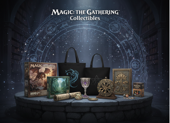 Magic the Gathering collectibles banner with MTG puzzles, tote bags, goblet, life counter and Black Lotus relief on arcane fantasy | Techbox