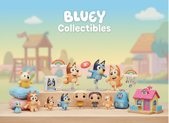«Bluey Collectibles» και συλλεκτικά αντικείμενα με θέμα το Bluey σε φόντο με παστέλ διαβάθμιση