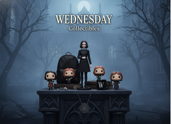 Panoramic display of Wednesday Addams collectibles including Funko POP figures of Wednesday, The Thing, Gomez, and Morticia, along with a Wednesday backpack and trolley suitcase on a wooden shelf with pastel gradient background and bold text "Wednesday Collectibles