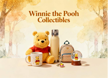 Winnie the Pooh Collectibles hero image with photorealistic plush, mug, bottle, backpack, keychain and snow globe on warm honey-themed background – Techbox