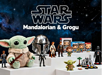 Banner με φιγούρες, LEGO, μπλουζάκια, παιχνίδια και συλλεκτικά Star Wars σε παστέλ gradient ράφι και τίτλο "Star Wars Collectibles"