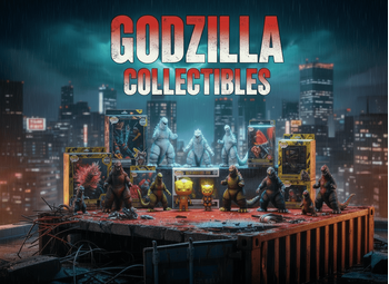 Godzilla: πολύχρωμες φιγούρες και συλλεκτικά Godzilla (Funko POP, action figures και boxed προϊόντα) πάνω σε κινηματογραφικό βάθρο σε νυχτερινό Tokyo, με βροχή και μπλε λάμψη στον ουρανό | Techbox