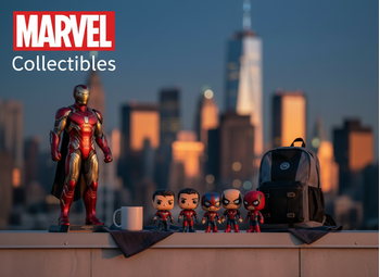 Συλλεκτικά Marvel στο Techbox: φιγούρες Iron Man και Spider-Man, κούπα, μπλουζάκι και σακίδιο σε ταράτσα με θέα τη Νέα Υόρκη