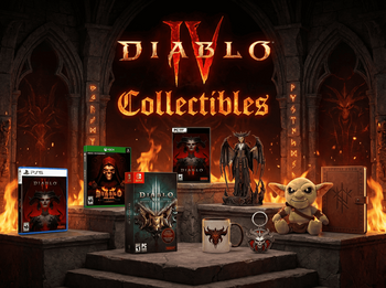 Diablo Collectibles banner: game covers (PS5, PS4, Xbox, Switch, PC), φιγούρα, κούπα, keychain, plush και notebook | Techbox