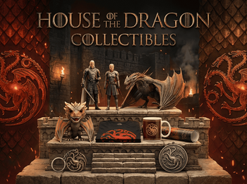 House of the Dragon – φιγούρες Daemon και Rhaenyra Targaryen, δράκος, Funko Pop, μπλουζάκι, κούπα, αφίσα, μπρελόκ και έμβλημα Targaryen, σε θεματικό φόντο με λογότυπο House of the Dragon και τη λέξη Collectibles. | Techbox