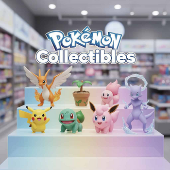 Banner με φιγούρες Pokémon (Pikachu, Charizard, Bulbasaur, Squirtle, Jigglypuff, Eevee, Mewtwo) σε παστέλ gradient ράφι και τίτλο "Pokémon Collectibles"
