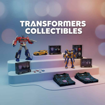 Banner με συλλεκτικά Transformers (φιγούρες, παιχνίδια, μπλουζάκια, μπρελόκ) σε παστέλ gradient ράφι και τίτλο "Transformers Collectibles"