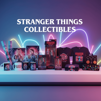 Banner με συλλεκτικά Stranger Things (φιγούρες, μπλουζάκια, αφίσες, mugs, μπρελόκ) σε παστέλ gradient ράφι και τίτλο "Stranger Things Collectibles" σε retro 80s στυλ