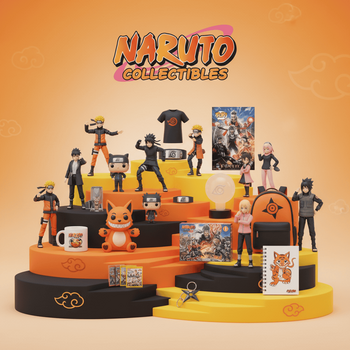 Φωτορεαλιστική παρουσίαση συλλεκτικών Naruto (φιγούρες, Funko Pop, λούτρινο, t-shirt, κούπα, αφίσα, μπρελόκ, headband, σακίδιο, λάμπα, puzzle, trading cards, notebook) σε σκαλάκια/βάση Naruto | Techbox