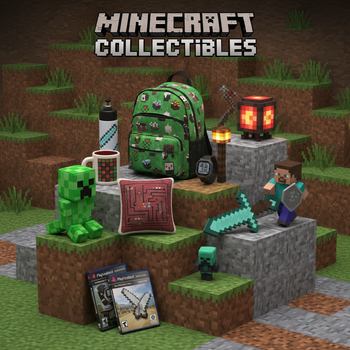 Φωτορεαλιστική παρουσίαση video games Minecraft (PS3, PS4), λούτρινα, mugs, σακίδια, μπουκάλια, lunch bags, props, φωτιστικά, ρολόγια και Minecraft gadgets σε pixel-art blocky υπόβαθρο με εμβληματικά blocks Minecraft | Techbox