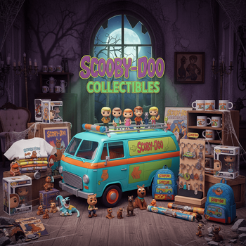 Scooby-Doo Collectibles - Φωτορεαλιστικά προϊόντα συλλογής (figures, Funko Pop, t-shirts, mugs, keychains, plushies) διατεταγμένα γύρω από το εμβληματικό Mystery Machine van σε spooky mansion | Techbox
