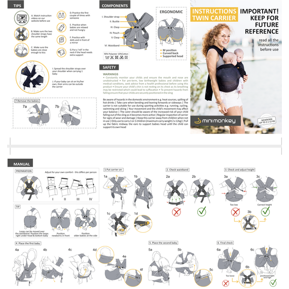 MiniMonkey - Baby Twin Carrier Black / Baby and Children