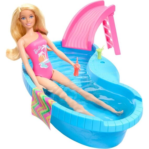 Barbie - Doll And Pool Playset, Blonde With Pool, Slide, Towel And Drink Accessories (HRJ74) / Toys - Dolls - Collectibles - Techbox