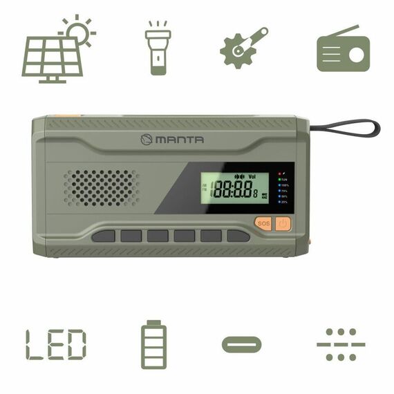 Manta - Portable Emergency crank FM Radio, Solar Power Bank, Flashlight / Electronics - Powerbanks - Smartphone Chargers - Techbox