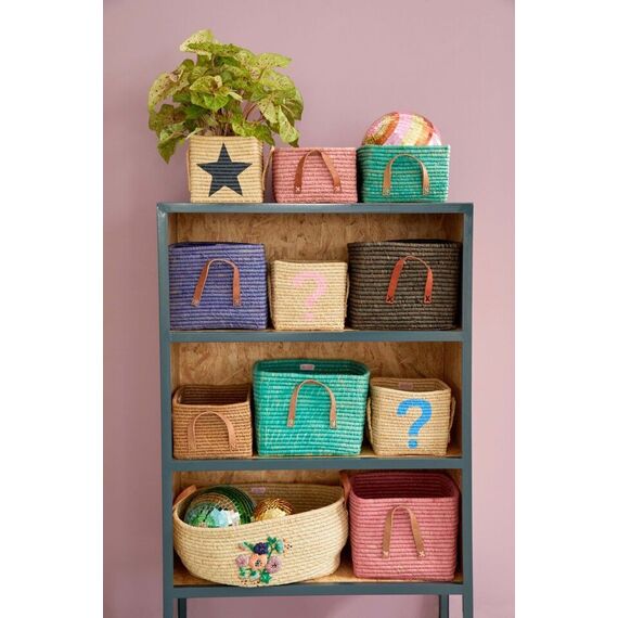 Rice - Small Square Raffia Basket with Leather Handles - Blue / Baby and Children