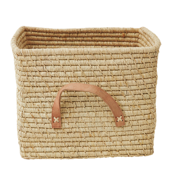 Rice - Small Square Raffia Basket with Leather Handles - Natural / Baby and Children