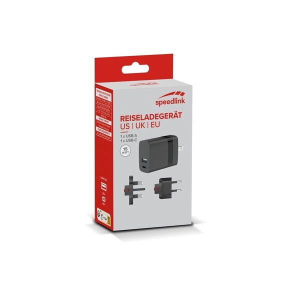 Speedlink - Travel Charger USB-A & USB-C 15W for US-UK-EU, black / Electronics - Travel Chargers - Smartphone Chargers - Techbox