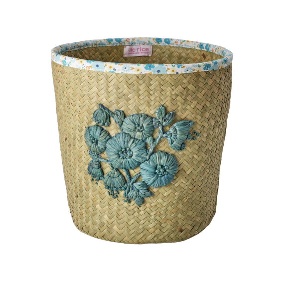 Rice - Raffia Basket with Blue Flower Embroidery and Flower Fabric Edge - Blue / Baby and Children