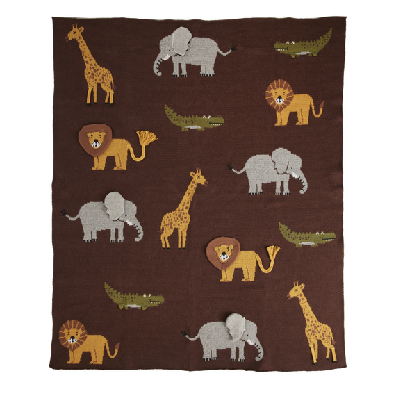 Rice - Knitted Baby Blanket with Animals and 3D Details - Chocolate Brown / Baby and Children |  Techbox