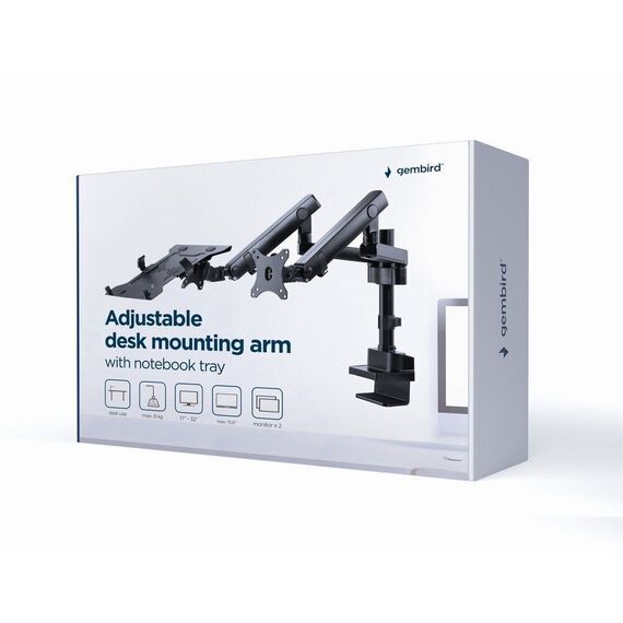 Gembird MA-DA3-02 Desk mounted adjustable monitor arm with notebook tray (full-motion), 17”-32”, up to 8 kg - Stands & Accessories - Monitors & Mounts - Techbox