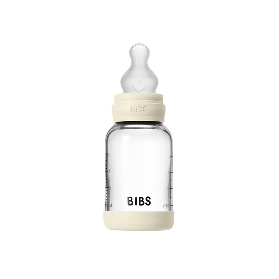 BIBS - Glass Baby Bottle Round Silicone 1 pack 120 ml Slow Flow - Ivory - 120 ml / Baby and Children