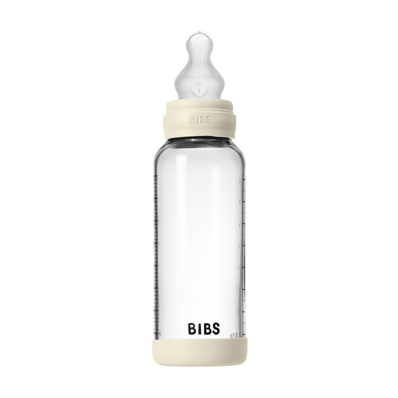 BIBS - Glass Baby Bottle Round Silicone Medium Flow - Ivory - 240 ml / Baby and Children