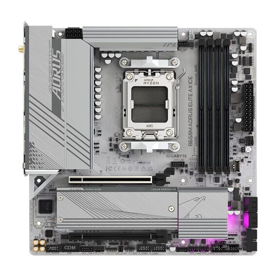 GIGABYTE B650M AORUS ELITE AX ICE Motherboard - AMD Ryzen 9000 Series CPUs, 12+2+2 Phases VRM, up to 8000MHz DDR5 (OC), 1xPCIe 5.0 + 1xPCIe 4.0 M.2, 2.5GbE LAN, WIFI 6E, USB 3.2 Gen 2x2 | Techbox