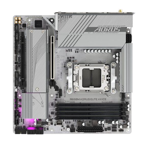 GIGABYTE B650M AORUS ELITE AX ICE Motherboard - AMD Ryzen 9000 Series CPUs, 12+2+2 Phases VRM, up to 8000MHz DDR5 (OC), 1xPCIe 5.0 + 1xPCIe 4.0 M.2, 2.5GbE LAN, WIFI 6E, USB 3.2 Gen 2x2 | Techbox