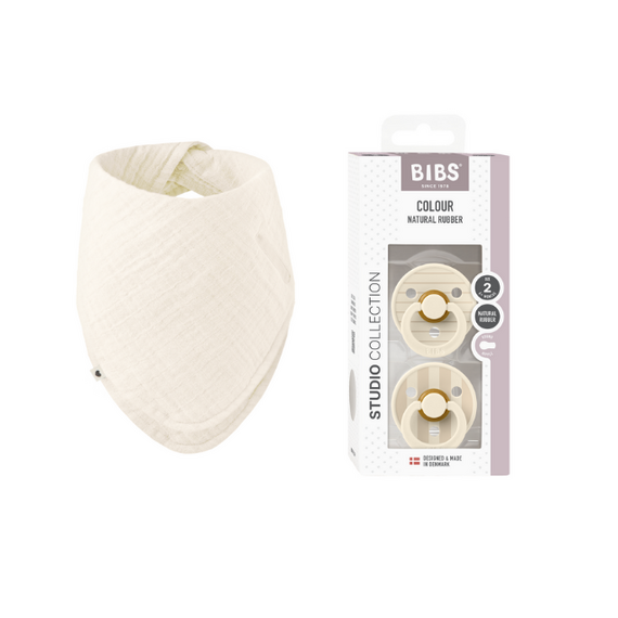 BIBS - Pacifier Studio Colour 2 Pack - Ivory/Vanilla - Size 2 + Bandana Bib - Ivory - One Size (Bundle) / Baby and Children
