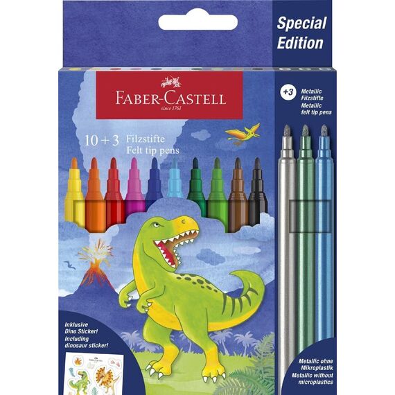 Faber-Castell - Felt-Tip Pen Dinosaur 10 + 3 with Stickers (554214) / Toys