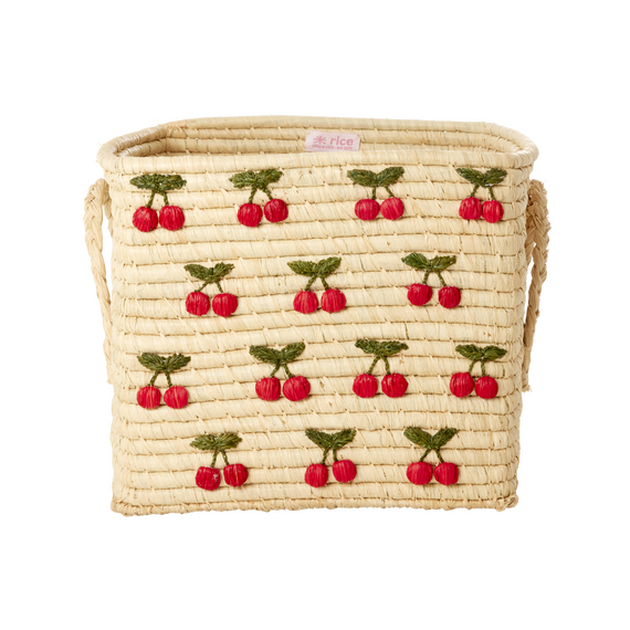 Rice - Raffia Square Basket with Small Cherries Embroidery - Red - 30 cm x 30 cm x 25 cm / Baby and Children