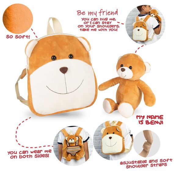Benji Bear reversible backpack with plush toy 25cm - Plushies - Gifts - Techbox